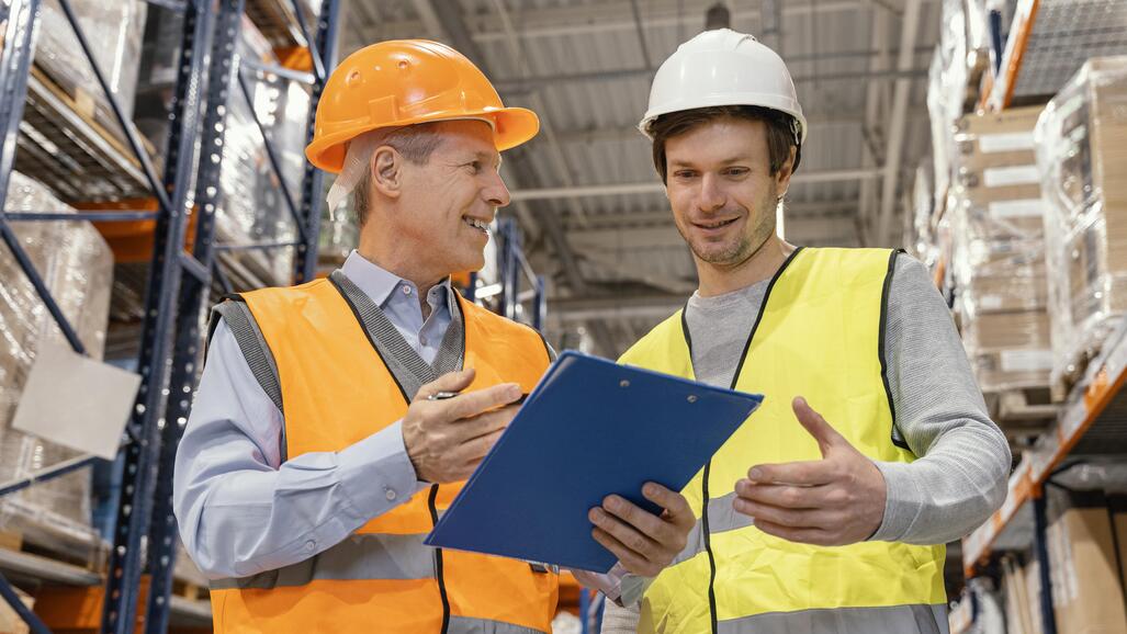 "Two men in safety vests and helmets reviewing data on a clipboard in a warehouse."