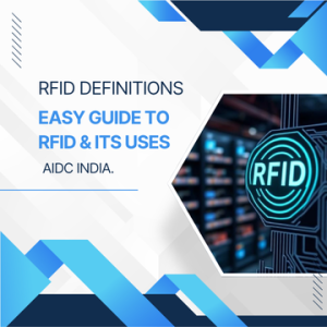 Illustration showing RFID tags, readers, and radio-wave tracking in modern warehouse automation.